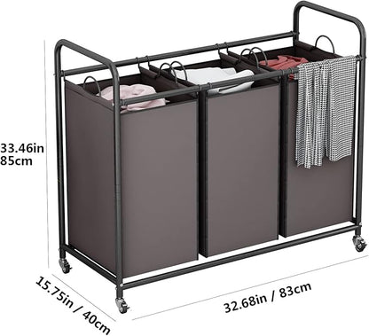 LINZINAR 3-Bag Laundry Sorter,Laundry Hamper Cart with Heavy Duty Rolling Lockable Wheels and Removable Bags (Brown)