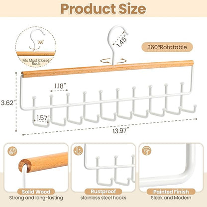 Tie Rack Hanger for Closet Upgraded 2-in-1 Tie and Belt Hanger Non Slip Tie Rack with 20 Hooks Tie Hanger Space Saving Wooden Belt Tie Organizer for Tank Tops Bras Cami Scarves, Wooden