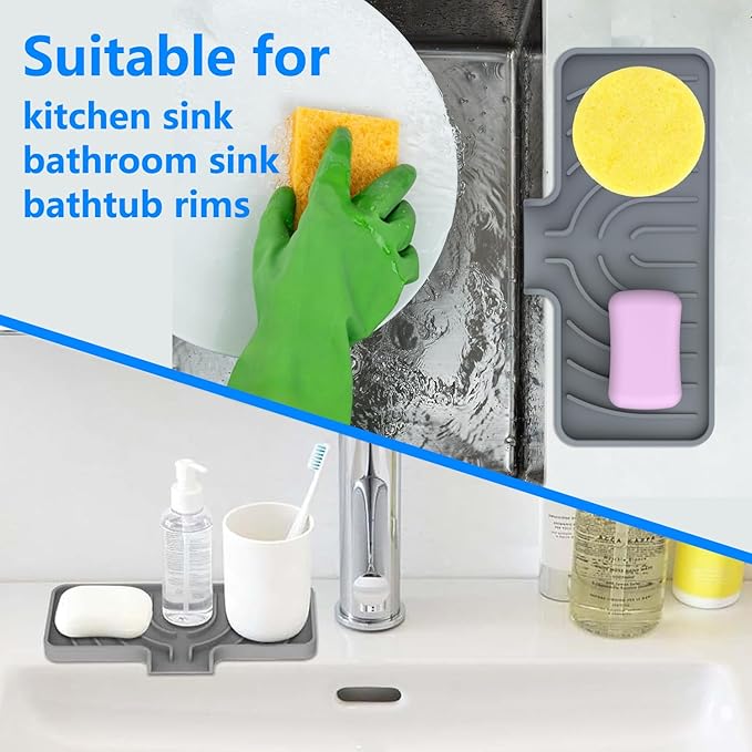 Sponge Holder for Kitchen Sink, Dish Sponge Holder & Soap Tray with Drain, Bathroom Sink Sponge Drying Rack & Perfect Organizer for Dispenser,Bottle,Cup on Sinks or Counter(10"x 4"Gray)