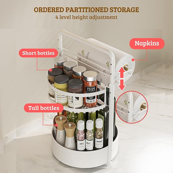 Rotating Spice Rack with Paper Towel Holder, 2 Tier Turntable Lazy Susan, Seasoning Organizer for Kitchen Countertop Cabinet, White