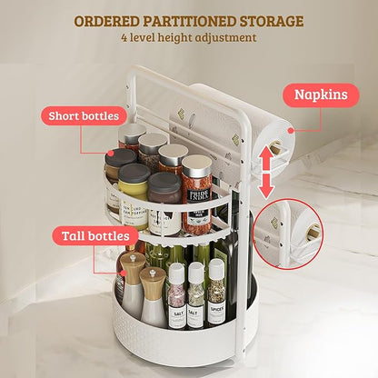 Rotating Spice Rack with Paper Towel Holder, 2 Tier Turntable Lazy Susan, Seasoning Organizer for Kitchen Countertop Cabinet, White