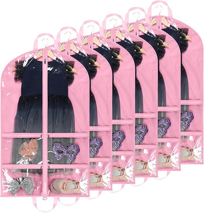 KEEGH Clear Garment Bags for Dance Costumes 40 inch Dance Garment Bags for Dancers Hanging Clothes for Closet Storage, with 4 Zipper Pockets for Dance Competitions, Ballet, Theatre, 6 Pack, Pink