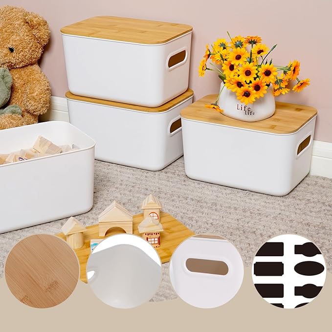 Citylife Storage Bins with Bamboo Lids 7QT Plastic Storage Containers Stackable Organizer Boxes with Handle for Desk Snacks, Toys, 4 PCS, 10" L x 7" W x 5.8" H