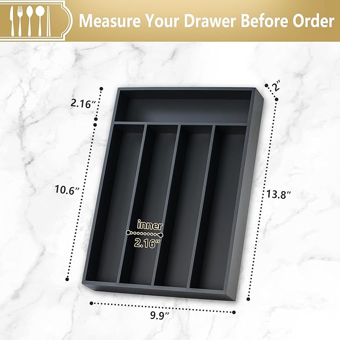Silverware Organizer, 10 Inch Utensil Organizer Kitchen Drawer Organizer Bamboo Silverware Holder Cutlery Tray Organizer in Drawer Flatware Organizer Tray(5 slots, Black