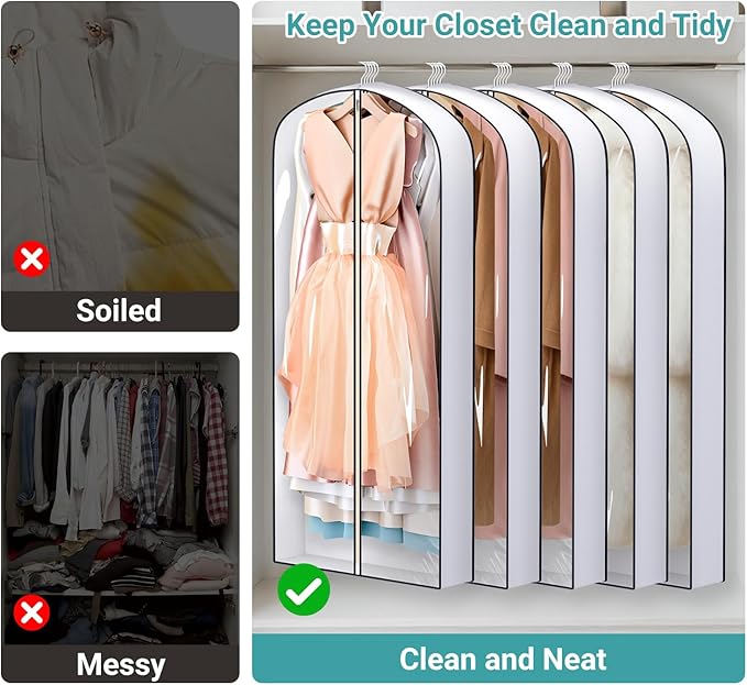 SLEEPING LAMB 60" Long Hanging Garment Bags for Closet Storage Gusseted Clear Dress Bag for Clothes, Gowns, Coats, Suits, 5 Packs
