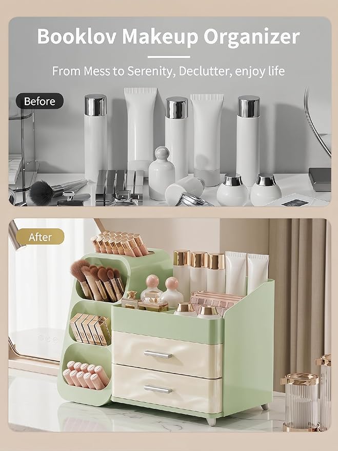 Booklov Makeup Organizer for Vanity, Large Capacity Cosmetic Display Case with Drawers, Countertop Beauty Storage Holder for Skincare, Brush Eyeliner Eyeshadow Lipsticks, Counter Desk, Cream Green