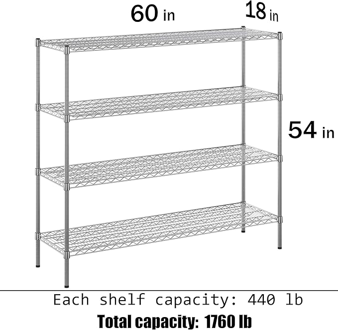 18" Deep x 60" Wide x 54" Height Wire Shelving Kit | 4-Tier | NSF Commercial Storage Rack Unit