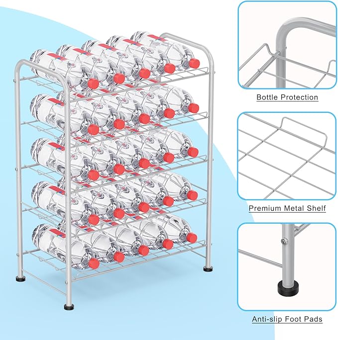 BTY 5 Tier Water Bottle Organizer Small Water Bottle Holder Stand Freestanding Metal Bottled Water Rack Dispenser for Kitchen, Pantry Organization and Storage, Silver