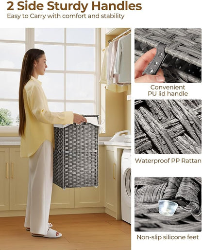Greenstell Laundry Hamper with Lid, 125L Laundry Basket with 2 Removable Liner Bags & 2 Mesh Bags, Handwoven Synthetic Rattan Clothes Hamper for Clothes, Toys in Bathroom, Bedroom, Foldable, Grey