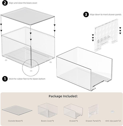 Delamu 6 Pack Stackable Storage Drawers, Makeup Skincare Holder Vanity Storage Organizer, Plastic Drawers For Vanity Desk, Undersink, Kitchen Cabinet, Pantry, Clear, Ideal Gifts for Women