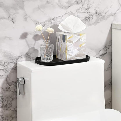 Emibele Bathroom Tray, Resin Oval Vanity Tray Countertop Organizer Toilet Tank Kitchen Decorative Jewelry Storage Tray for Perfume Candles Soap Towel Small Plant Home Decor, M, Matte Black