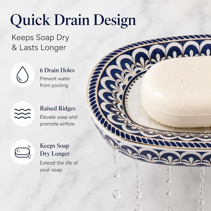 Double-Layer White Ceramic soap Dish: self-draining Ceramic soap Holder with a Vintage Decorative Style, Suitable for soap on Bathroom Sinks, Small and Cute, with Elegant Patterns.