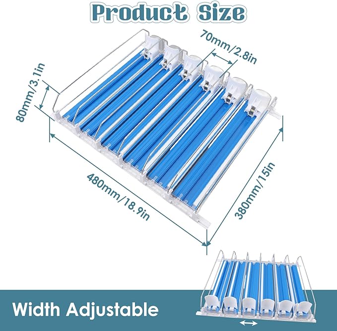 Drink Organizer for Fridge, 18.9x15.0x3.1in Soda Can Dispenser for Refrigerator, 6 Rows Adjustable Automatic Pusher Glide Drink Dispenser for Beer Beverages (Blue)