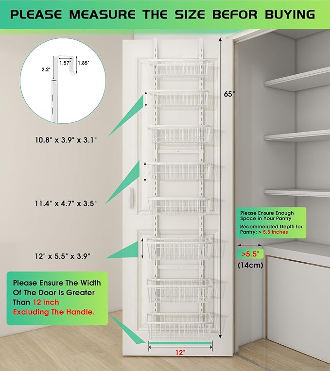 Mefirt White 12 Inch Wide Narrow Over The Door Pantry Organizer, Pantry Organization and Storage, 8-Tier Metal Hanging Deep Basket Wall Spice Rack Seasoning Shelves, Home & Kitchen Essentials