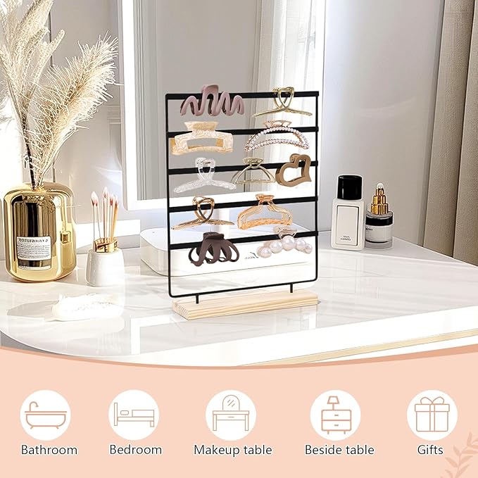 SNOWSTAR Hair Claw Clip Holder Organizer - 5 Tier Iron Rod Hair Clip Holder Storage for Women Girls, Wood Base Desktop Organizer