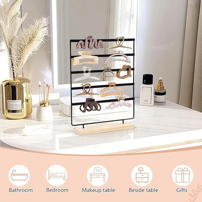 SNOWSTAR Hair Claw Clip Holder Organizer - 5 Tier Iron Rod Hair Clip Holder Storage for Women Girls, Wood Base Desktop Organizer