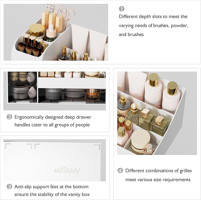 Makeup Organizer with Drawers,Large Cosmetic Storage Box,Countertop Skincare Organizer,ABS Makeup Brush Holder for Bathroom,Desk,Dresser,Multifunctional Beauty Display Case,White transparent