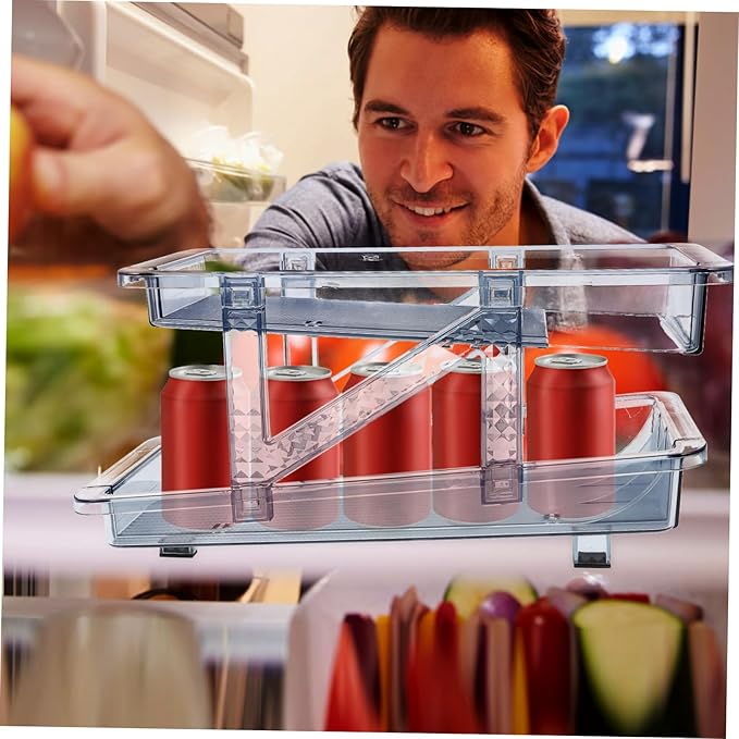 Mikinona Double Tier Can Organizer for Refrigerator Beverage Holder Rack for Easy Access Rolling Drinks Dispenser for Cans and Bottles for Soda Beer and Wine Storage