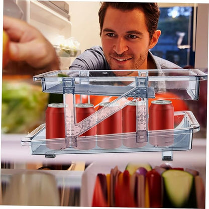 Mikinona Double Tier Can Organizer for Refrigerator Beverage Holder Rack for Easy Access Rolling Drinks Dispenser for Cans and Bottles for Soda Beer and Wine Storage