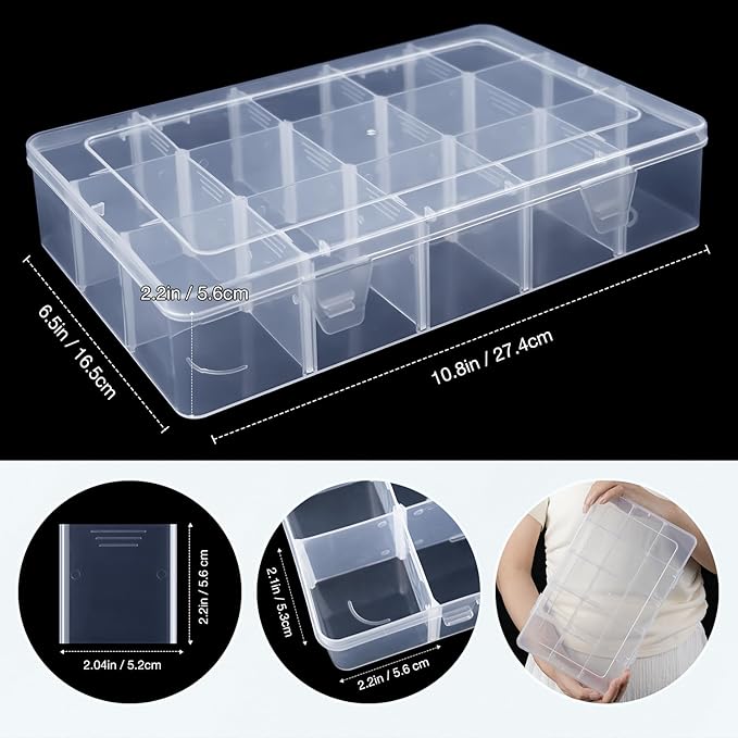 Benbilry Organizer Box with Adjustable Dividers, 15 Compartment Clear Storage Container for Bead Organizer, Fishing Tackles, Felt Board and Jewelry Storage (15 Grids)
