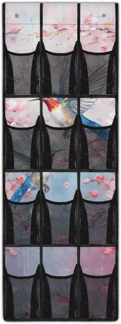 Hummingbird Over Door Organizer Breathable Mesh Pockets Shoe Rack for Over Door 4-Shelf Hanging Storage Bags Wall Mount Closet Organizer for Small Spaces Apartment