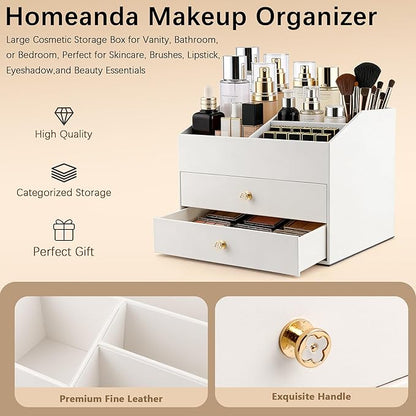 Homeanda Makeup Organizer with Drawers, PU Leather Cosmetic Storage Box Large Cosmetic Display Case for Skincare, Lipstick, Brushes, Bedroom Storage(White)