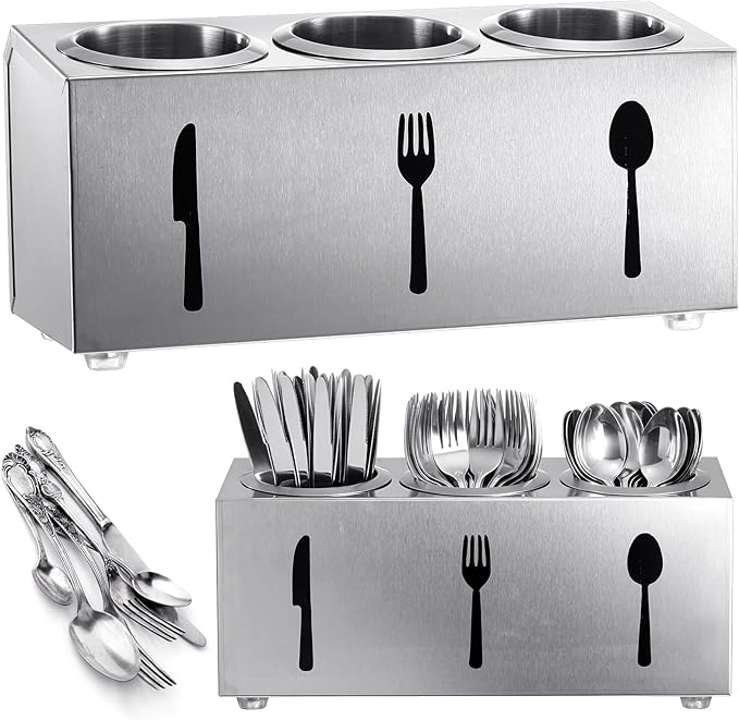 Stainless Steel Cylinder Flatware Silverware Utensil Holder Organizer Spoon and Fork Storage Kitchen Tableware Storage for Cabinet Indoor Home Flatware Dining Room, 3 Perforated Cylinders
