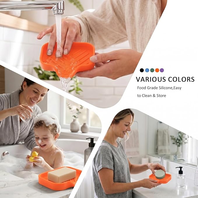 MicoYang Silicone Bathroom Soap Dishes with Drain Spout-Bathroom and Kitchen Sink Organizer,Sponge Holder,Dish Soap Tray,Perfect for Dispenser,Scrubber,Bottle,Cup on Sink or Counter-Orange 4.9"×3.2"