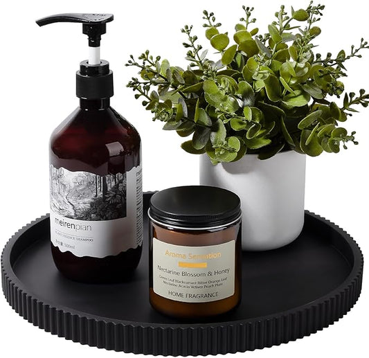Silicone Bathroom Tray Round Kitchen Counter Organizer Decorative Vanity Accessories Coffee Table Decor for Perfume, Candle, Soap Dish, 12 Inch, Black
