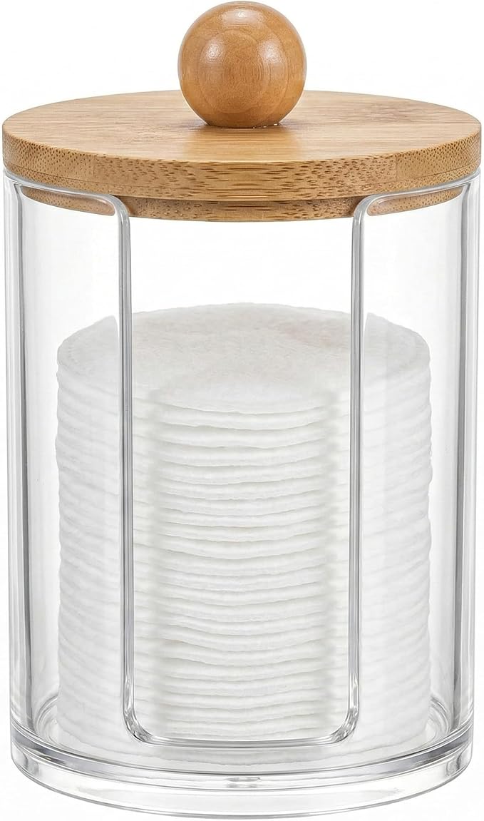 Cotton Round Holder with Bamboo Lid - 10oz Clear Plastic Cotton Pad Dispenser with U-Shaped Side Slot, Shatterproof Apothecary Jar for Makeup Remover Pads, Bathroom Vanity Countertop Storage