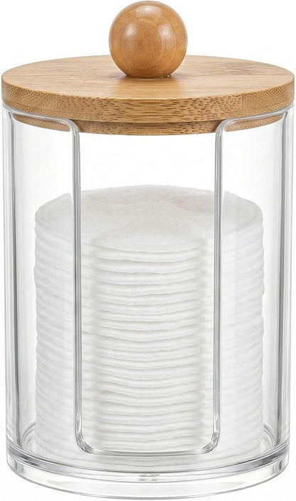 Cotton Round Holder with Bamboo Lid - 10oz Clear Plastic Cotton Pad Dispenser with U-Shaped Side Slot, Shatterproof Apothecary Jar for Makeup Remover Pads, Bathroom Vanity Countertop Storage