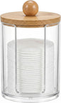Cotton Round Holder with Bamboo Lid - 10oz Clear Plastic Cotton Pad Dispenser with U-Shaped Side Slot, Shatterproof Apothecary Jar for Makeup Remover Pads, Bathroom Vanity Countertop Storage