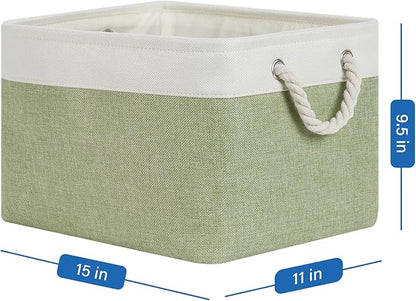 Temary Fabric Storage Baskets 4Pack Storage Bins Decorative Basket for Gift, Clothes Bin with Handles, Rectangle Baskets for Storage, Blankets(White&Green,15x11x9.5 inch)