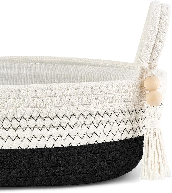 Mkono Small Storage Basket for Toilet Tank Top Boho Bathroom Decor Woven Rope Toilet Paper Tray Organizer for Shelf Bedroom Living Room, Black and White, 1 Pack, 15.7" L x 6" W
