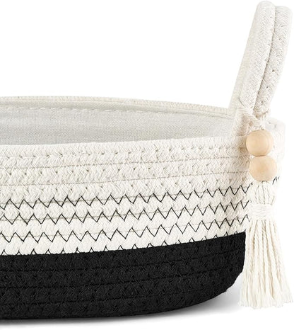 Mkono Small Storage Basket for Toilet Tank Top Boho Bathroom Decor Woven Rope Toilet Paper Tray Organizer for Shelf Bedroom Living Room, Black and White, 1 Pack, 15.7" L x 6" W