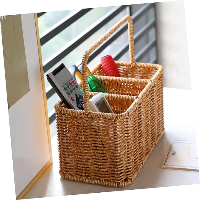 SOLUSTRE Woven Divided Cutlery Storage Basket 8.85X8.66X4.92 Inch Portable Silverware Organizer for Kitchen Countertop and Dining Room Utensil Caddy