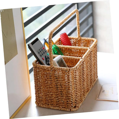 SOLUSTRE Woven Divided Cutlery Storage Basket 8.85X8.66X4.92 Inch Portable Silverware Organizer for Kitchen Countertop and Dining Room Utensil Caddy
