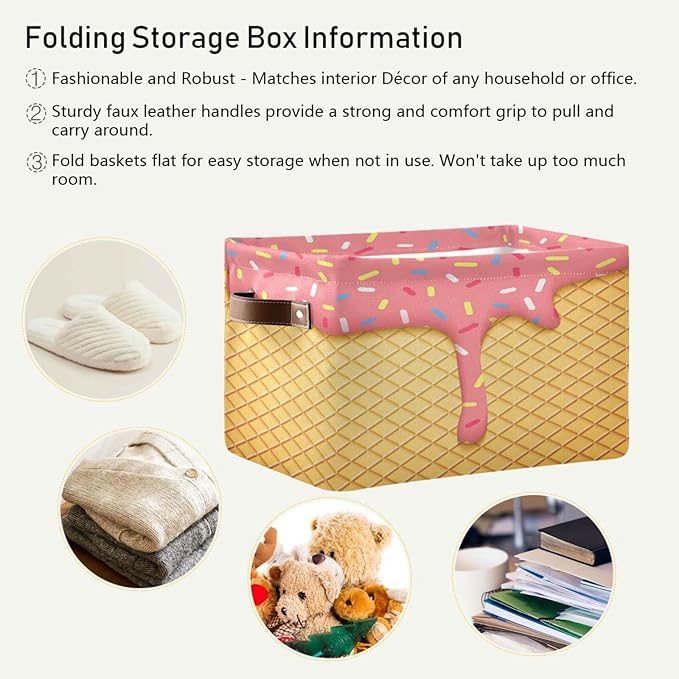 Kigai Ice Cream Cone Storage Basket Collapsible Rectangle Storage Bin Shelves Basket Organizer with Leather Handle for Closet, Office, Nursery, Home Decor