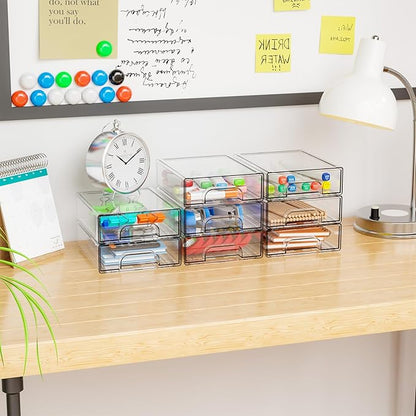 Yieach 4 Pack Small Clear Stackable Storage Drawers,2.2'' Tall Desk Organization and Storage,Plastic Office Supply Organizer,Acrylic Storage Containers for Makeup,Hair Clip,Accessory,Pen,Art Crafts
