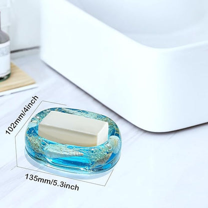 FONMY Soap Dish Acrylic w/Nature Seashell Bar Soap Holder Shower Soap Tray for Home, Camping Travel, Dry Stop soap Saver for Bathroom Vanity Countertop Office Unique Gifts and Home Decoration (Blue)