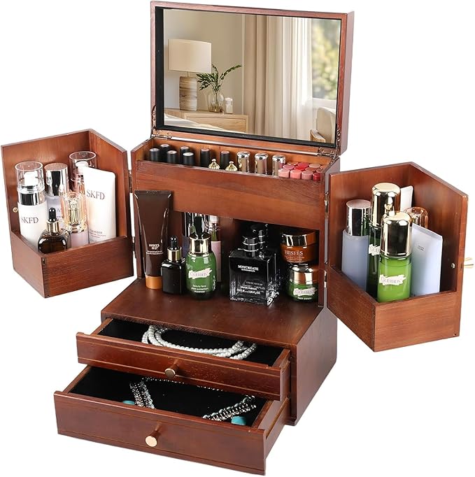Makeup Organizer Countertop with Drawers: Wooden Multifunctional Dresser Top Cosmetics Storage Tabletop Skin Care Organizer Shelf for Desktop, Skincare, Beauty Supplies, Cosmetics Display