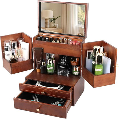 Makeup Organizer Countertop with Drawers: Wooden Multifunctional Dresser Top Cosmetics Storage Tabletop Skin Care Organizer Shelf for Desktop, Skincare, Beauty Supplies, Cosmetics Display