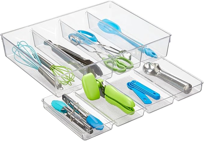 mDesign Plastic Kitchen Drawer Organizer Tray Set - Horizontal Storage Bin for Organizing Cutlery, Flatware, Silverware, Utensil, and Appliances - Ligne Collection - Clear