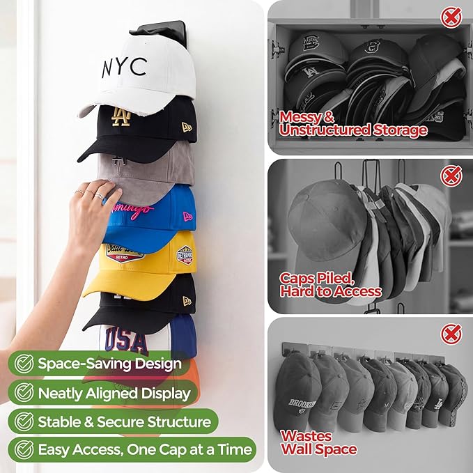 2 Pack Hat Organizer for Baseball Caps, Each Holds 18 Hats (36 Total), Customizable Wall Hat Rack, Adhesive or Screw-in Installation, Space-Saving Cap Holder for Closet & Door,Black