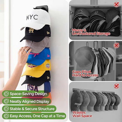 2 Pack Hat Organizer for Baseball Caps, Each Holds 18 Hats (36 Total), Customizable Wall Hat Rack, Adhesive or Screw-in Installation, Space-Saving Cap Holder for Closet & Door,Black