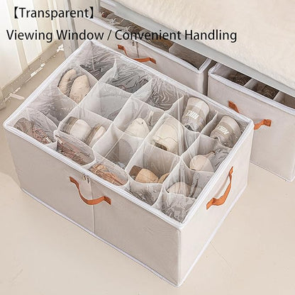 (2 Pack) Shoe Organizer for Closet, Shoe Storage Bins Foldable Shoe Storage Box Containers with Clear Cover and Sturdy Handles,Shoe Rack for Closet Storage for Sneakers Heels Slippers (Gray Large)