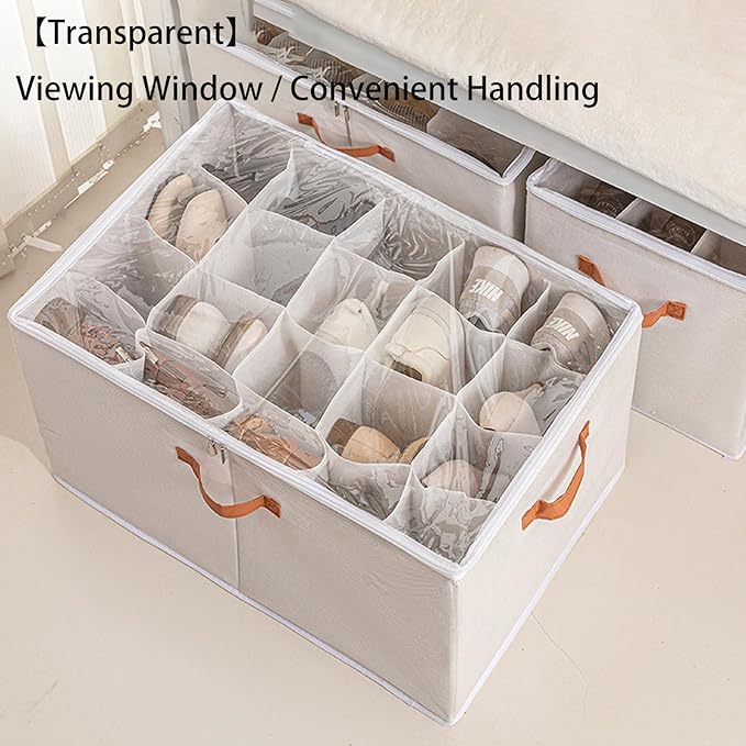 (2 Pack) Shoe Organizer for Closet, Shoe Storage Bins Foldable Shoe Storage Box Containers with Clear Cover and Sturdy Handles,Shoe Rack for Closet Storage for Sneakers Heels Slippers (Gray Small)