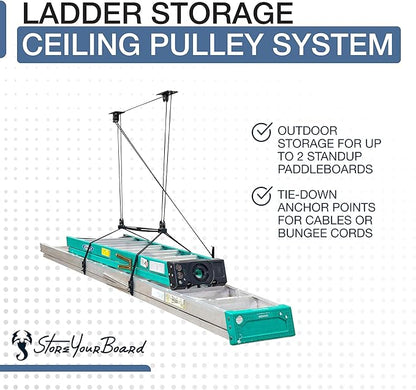 StoreYourBoard Ladder Storage Ceiling Pulley System, Garage Mount Hoist, Heavy Duty Hanging Organizer Holds 150 lbs