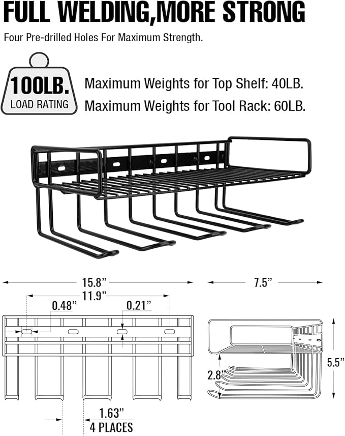 UNITEDPOWER Wall Mounted Power Tool Organizer Holder, Heavy Duty Utility Storage Rack With Shelf for Battery Powered Hand Tools, Workshop, Shed, Garage, Home