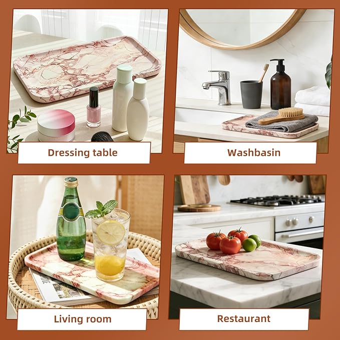 Yew & Tulip 14" x 8.5" Natural Marble Tray for Kitchen, Bathroom, Living Room – Serving/Decorative Vanity Tray for Jewelry, Candles, Decor (Pink)